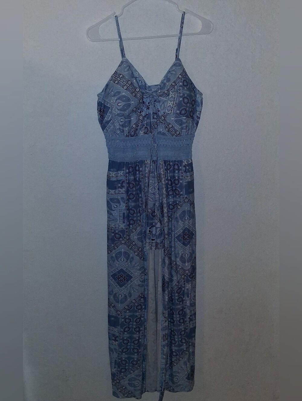 No Boundaries Light Blue Paisley Spaghetti-Strap Romper Dress